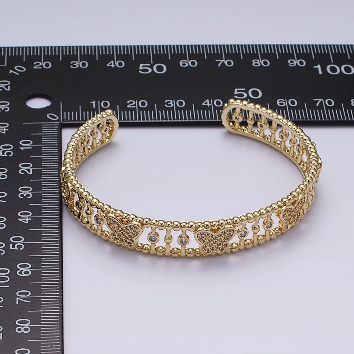 14K Gold plated Micro Paved CZ Butterfly Triple Band Beaded Bubble Cuff Bracelet in Gold & Silver | WA-1935 WA-1936 Clearance Pricing