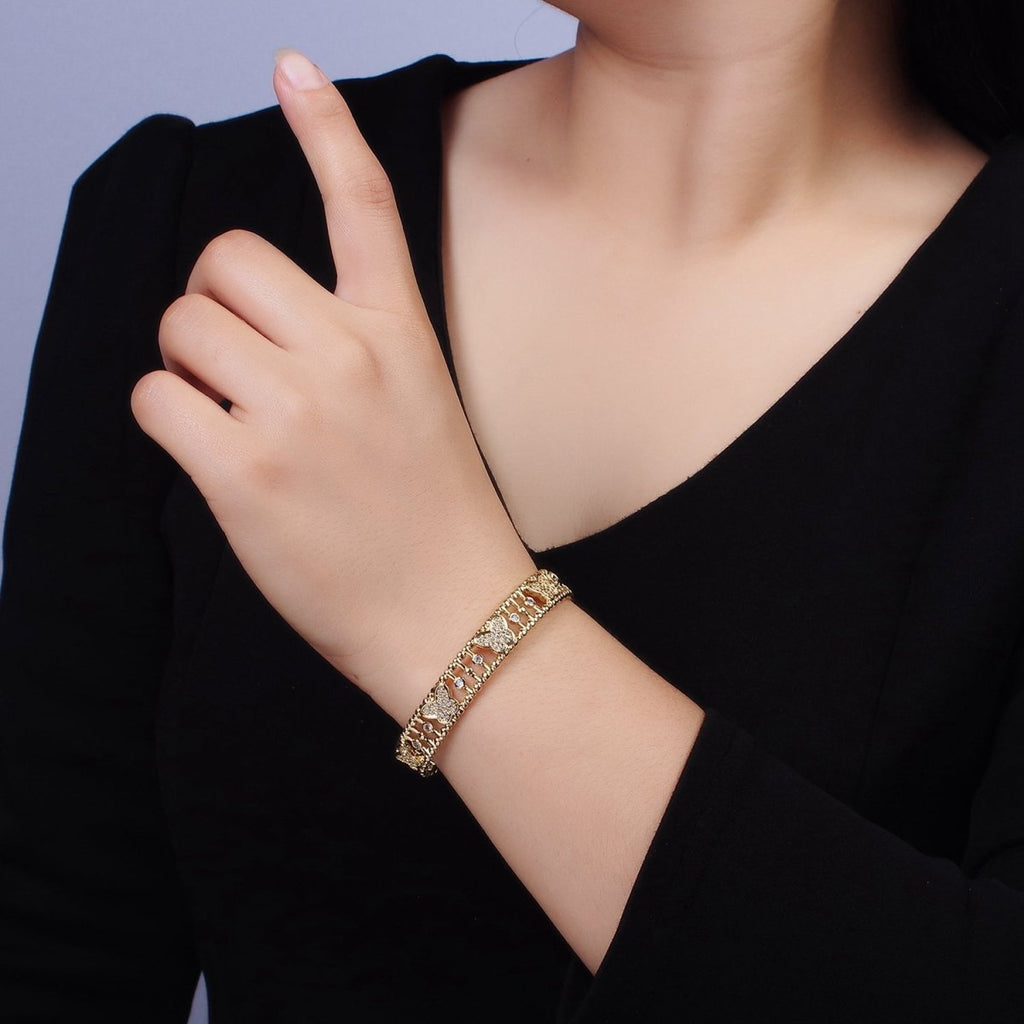 14K Gold plated Micro Paved CZ Butterfly Triple Band Beaded Bubble Cuff Bracelet in Gold & Silver | WA-1935 WA-1936 Clearance Pricing
