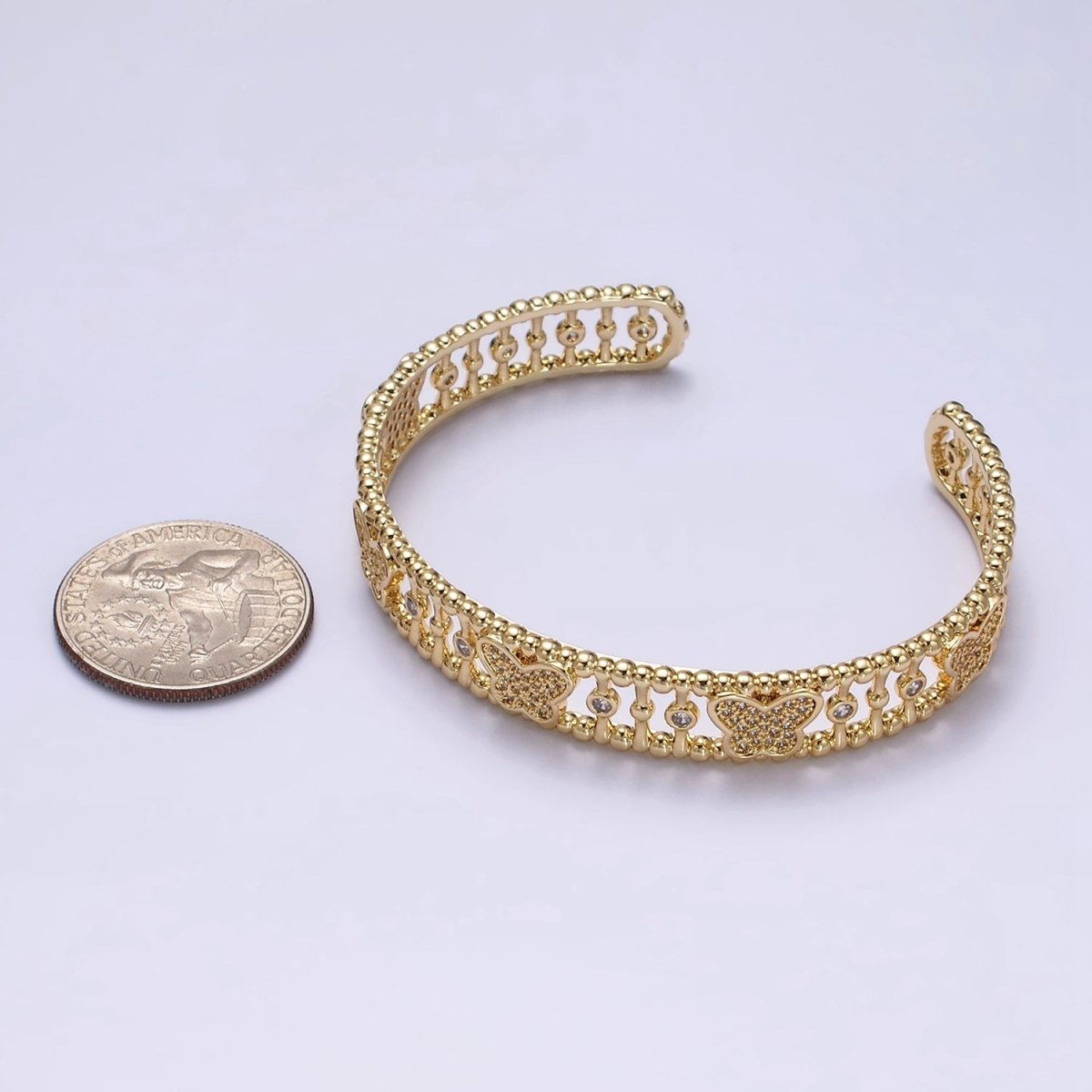 14K Gold plated Micro Paved CZ Butterfly Triple Band Beaded Bubble Cuff Bracelet in Gold & Silver | WA-1935 WA-1936 Clearance Pricing