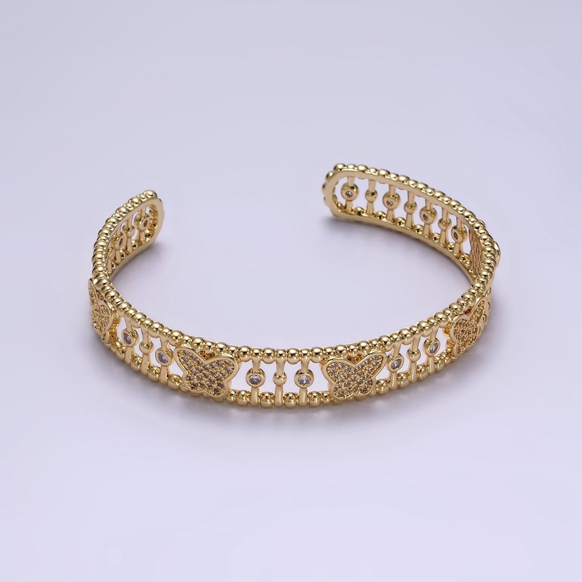 14K Gold plated Micro Paved CZ Butterfly Triple Band Beaded Bubble Cuff Bracelet in Gold & Silver | WA-1935 WA-1936 Clearance Pricing