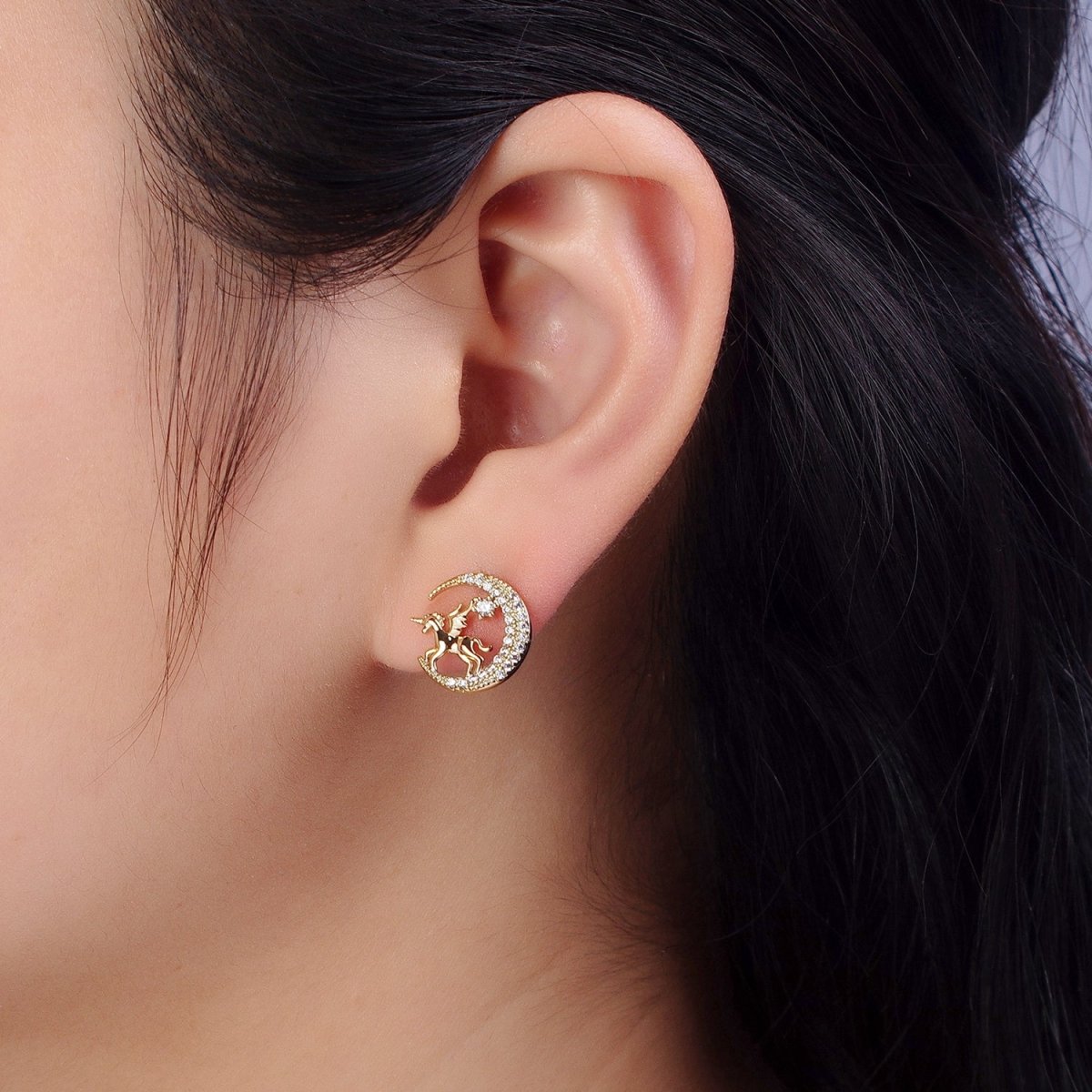 14K Gold plated Micro Paved CZ Celestial Crescent Moon Pegasus Stud Earrings | AB327 - DLUXCA