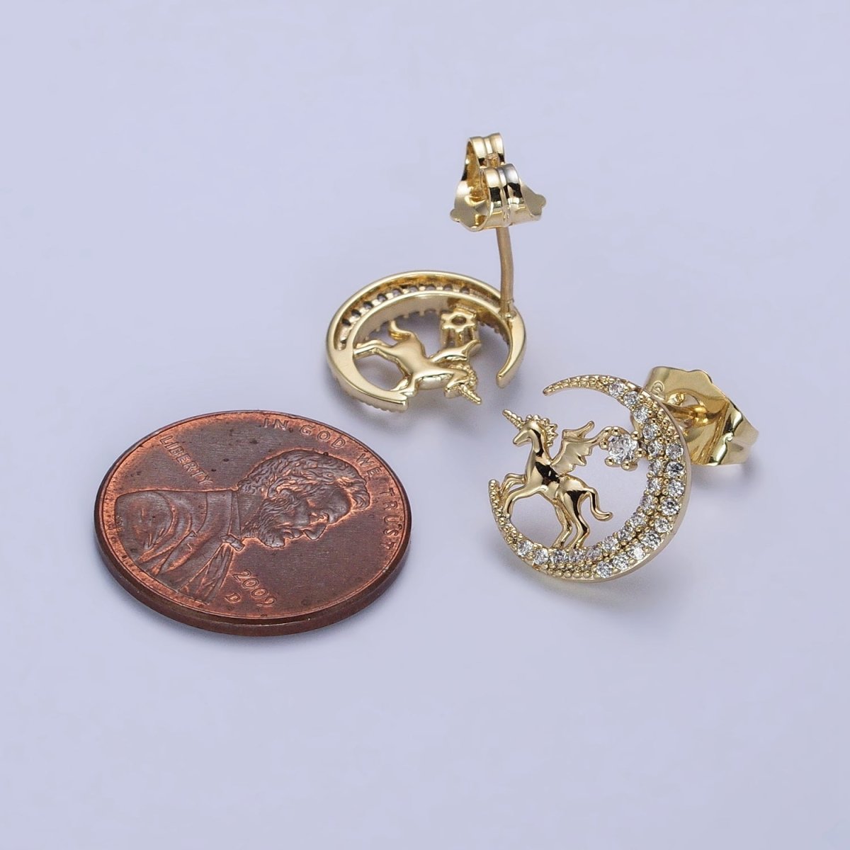 14K Gold plated Micro Paved CZ Celestial Crescent Moon Pegasus Stud Earrings | AB327 - DLUXCA