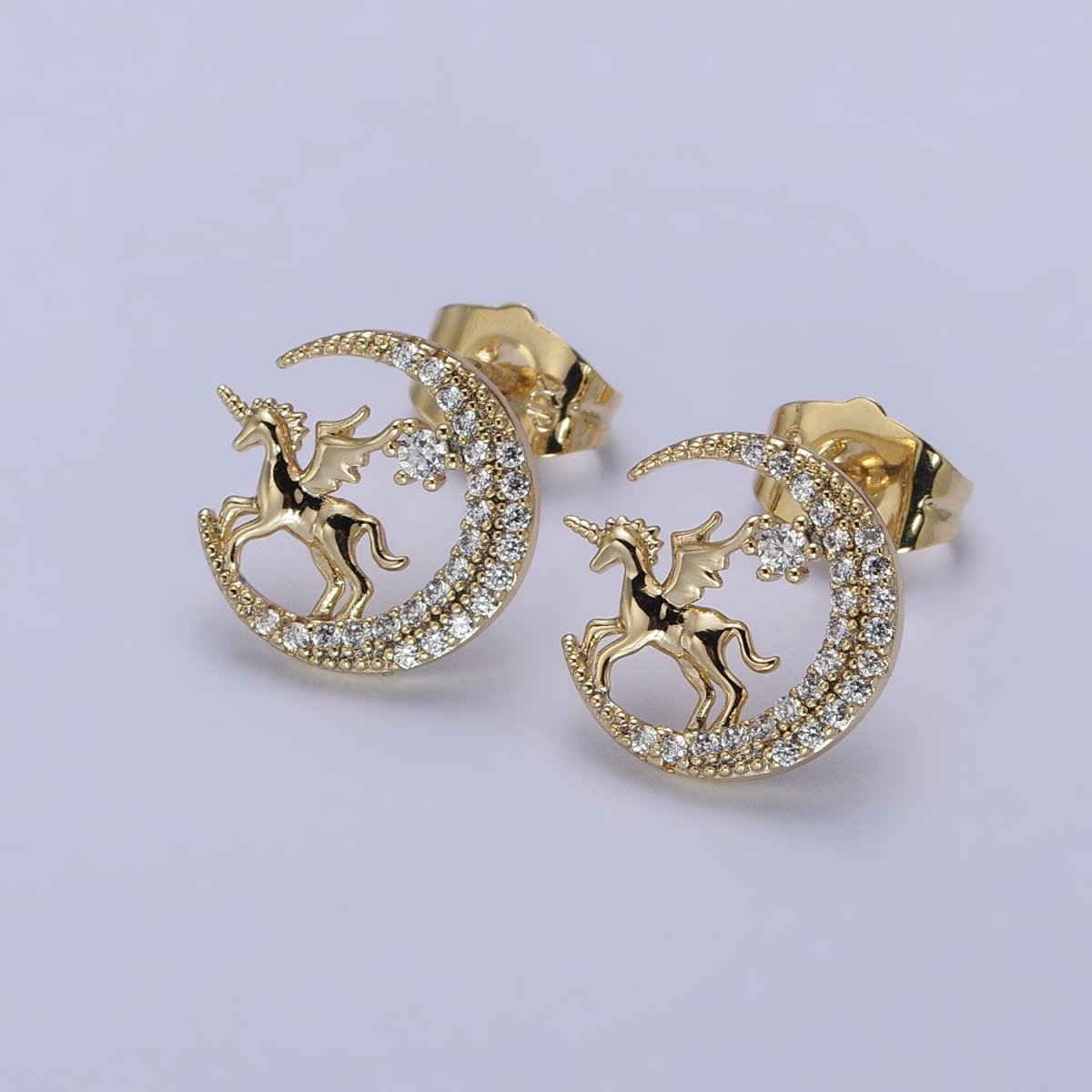 14K Gold plated Micro Paved CZ Celestial Crescent Moon Pegasus Stud Earrings | AB327 - DLUXCA