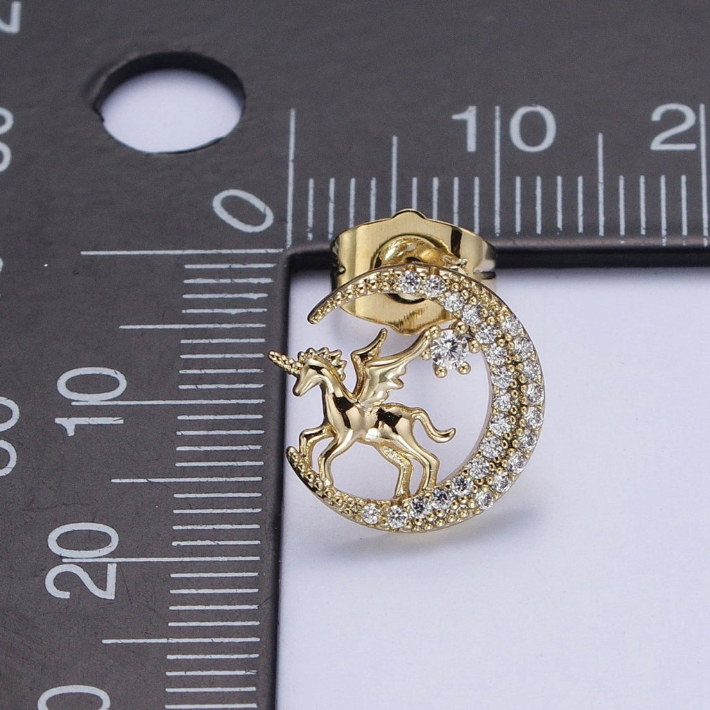 14K Gold plated Micro Paved CZ Celestial Crescent Moon Pegasus Stud Earrings | AB327 - DLUXCA