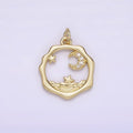 14K Gold plated Micro Paved CZ Celestial Stars Crescent Moon Sea Open Wavy Round Charm | AG279 - DLUXCA