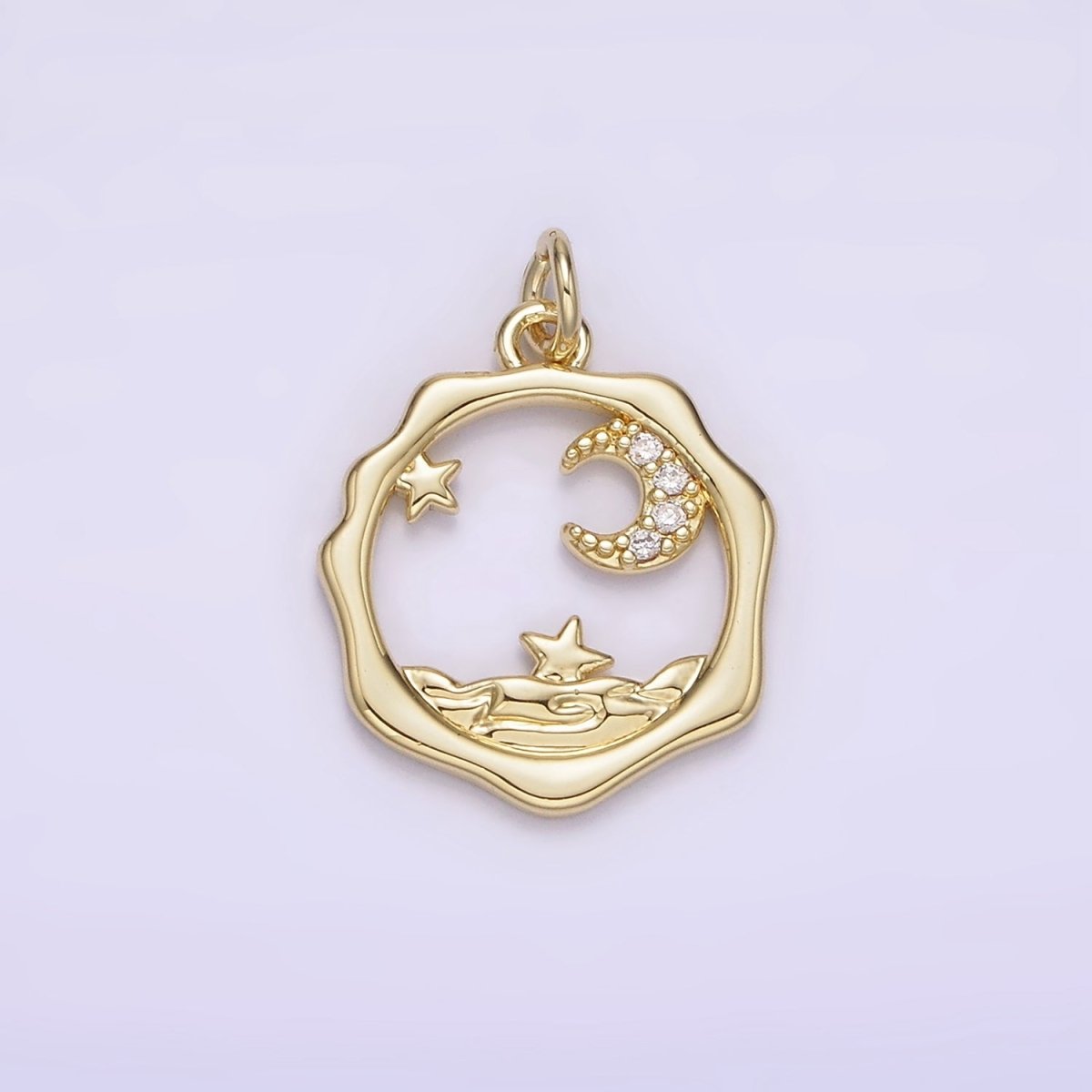 14K Gold plated Micro Paved CZ Celestial Stars Crescent Moon Sea Open Wavy Round Charm | AG279 - DLUXCA