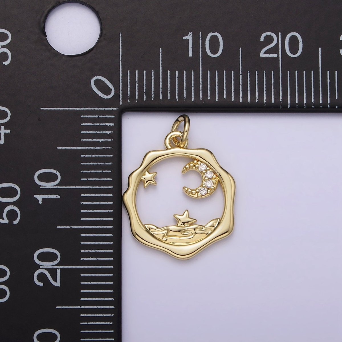 14K Gold plated Micro Paved CZ Celestial Stars Crescent Moon Sea Open Wavy Round Charm | AG279 - DLUXCA