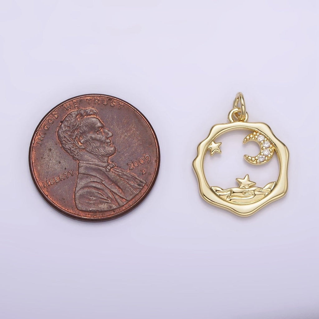 14K Gold plated Micro Paved CZ Celestial Stars Crescent Moon Sea Open Wavy Round Charm | AG279 - DLUXCA