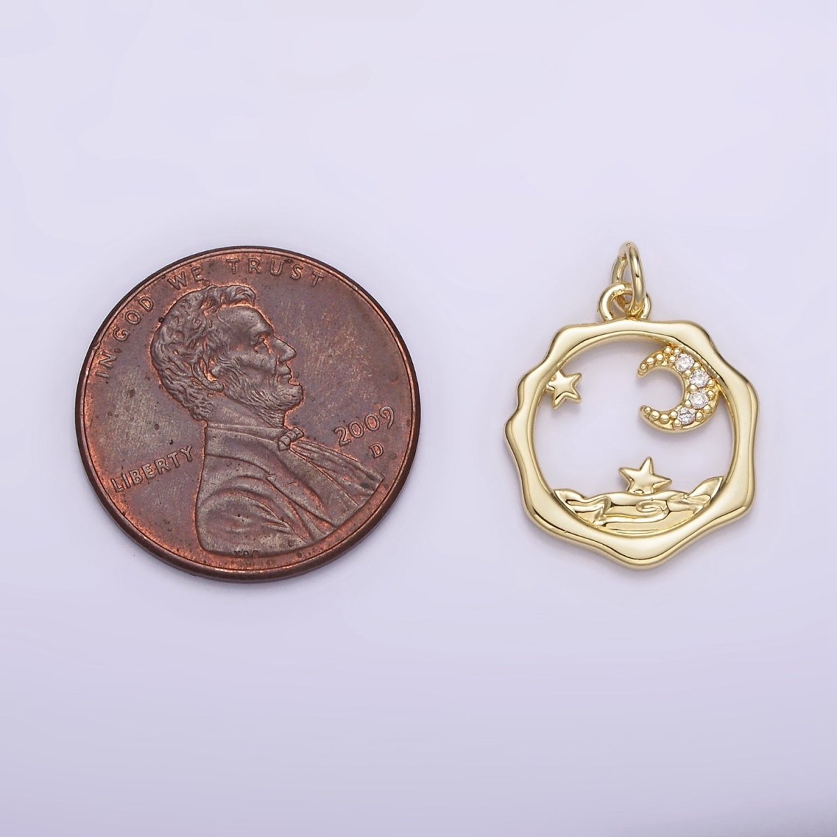 14K Gold plated Micro Paved CZ Celestial Stars Crescent Moon Sea Open Wavy Round Charm | AG279 - DLUXCA