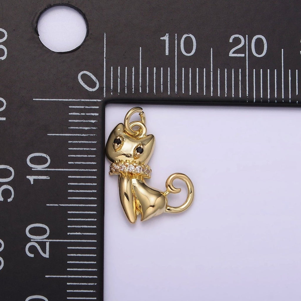 14K Gold plated Micro Paved CZ Collar Black-Eyed Kitty Cat Pet Animal Charm | AG210 - DLUXCA