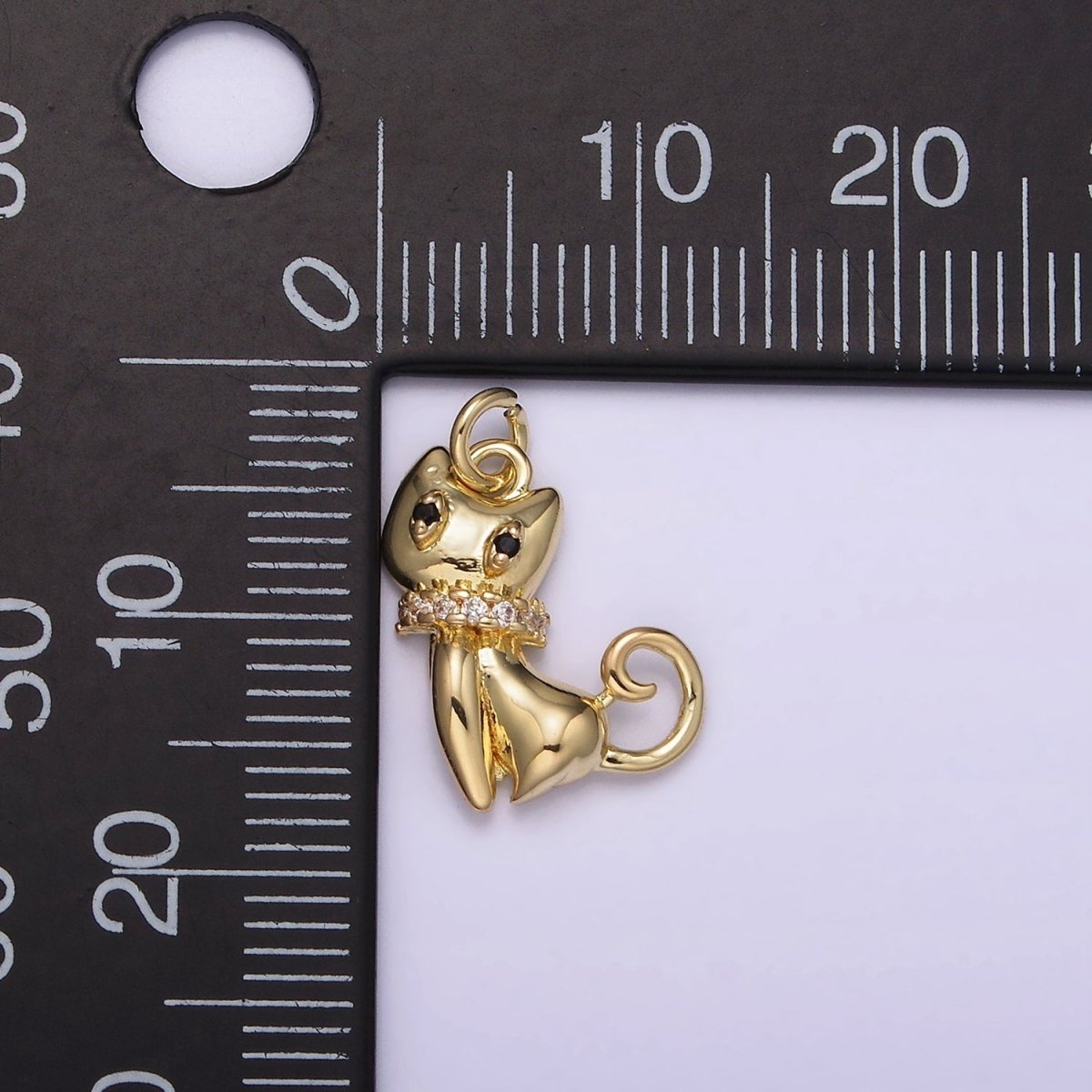 14K Gold plated Micro Paved CZ Collar Black-Eyed Kitty Cat Pet Animal Charm | AG210 - DLUXCA