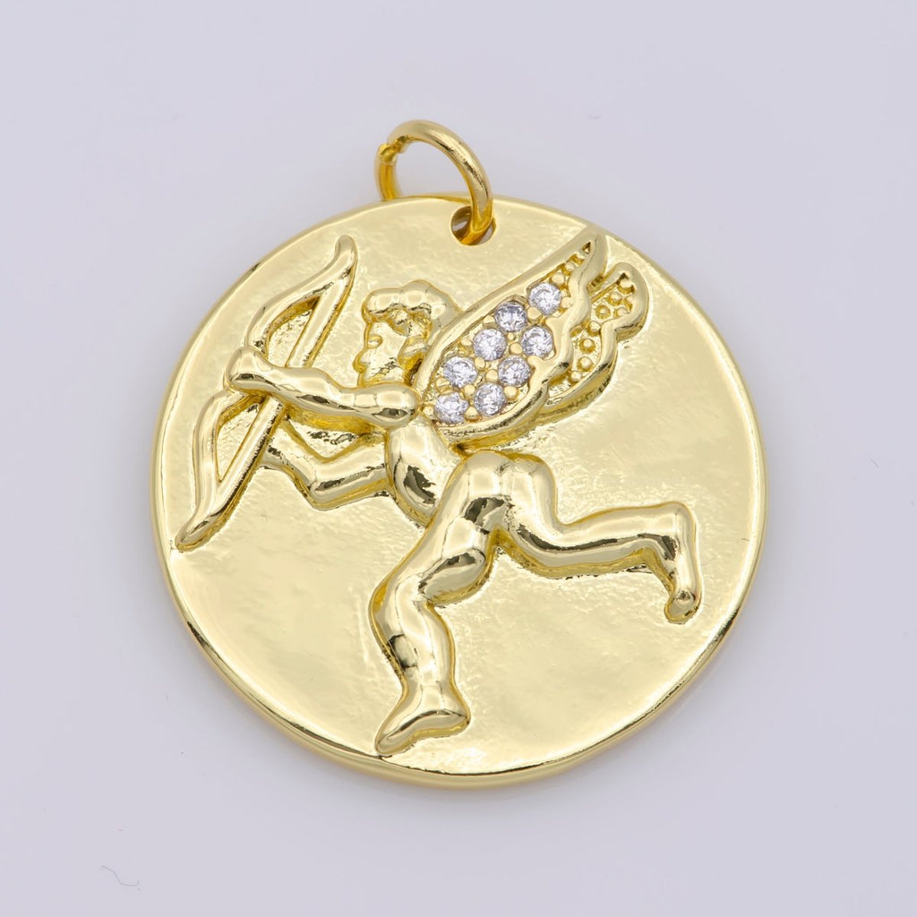 14K Gold plated Micro Paved CZ Cupid Angel Coin Charm M-485 - DLUXCA
