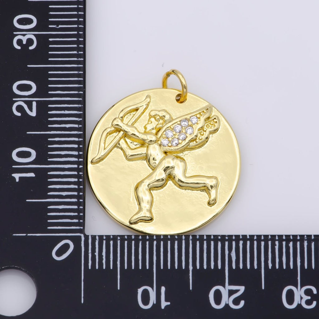 14K Gold plated Micro Paved CZ Cupid Angel Coin Charm M-485 - DLUXCA
