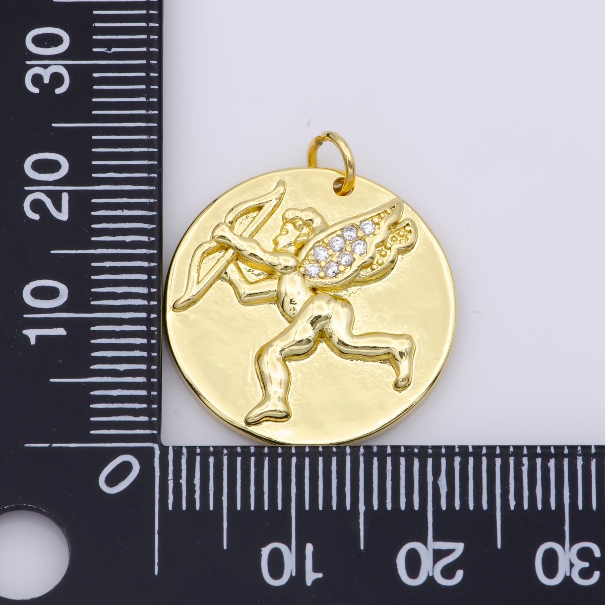 14K Gold plated Micro Paved CZ Cupid Angel Coin Charm M-485 - DLUXCA