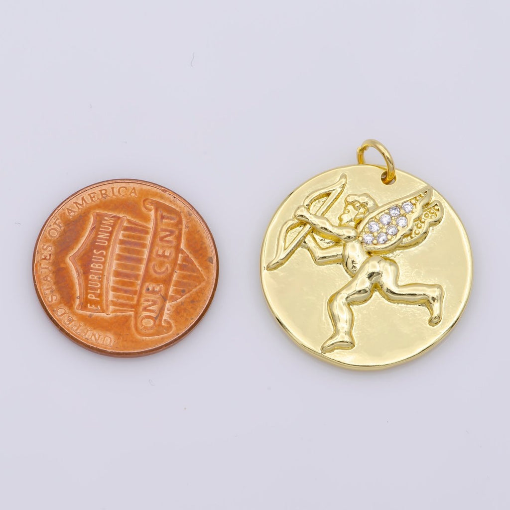 14K Gold plated Micro Paved CZ Cupid Angel Coin Charm M-485 - DLUXCA
