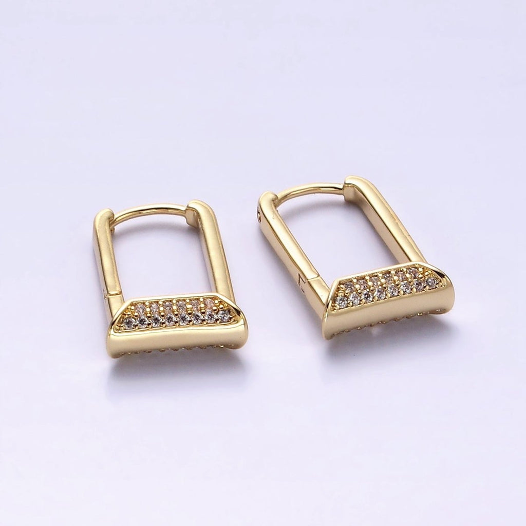 14K Gold plated Micro Paved CZ Curved Tube Rectangular U-Shaped Oblong Hoop Earrings | AE589 - DLUXCA