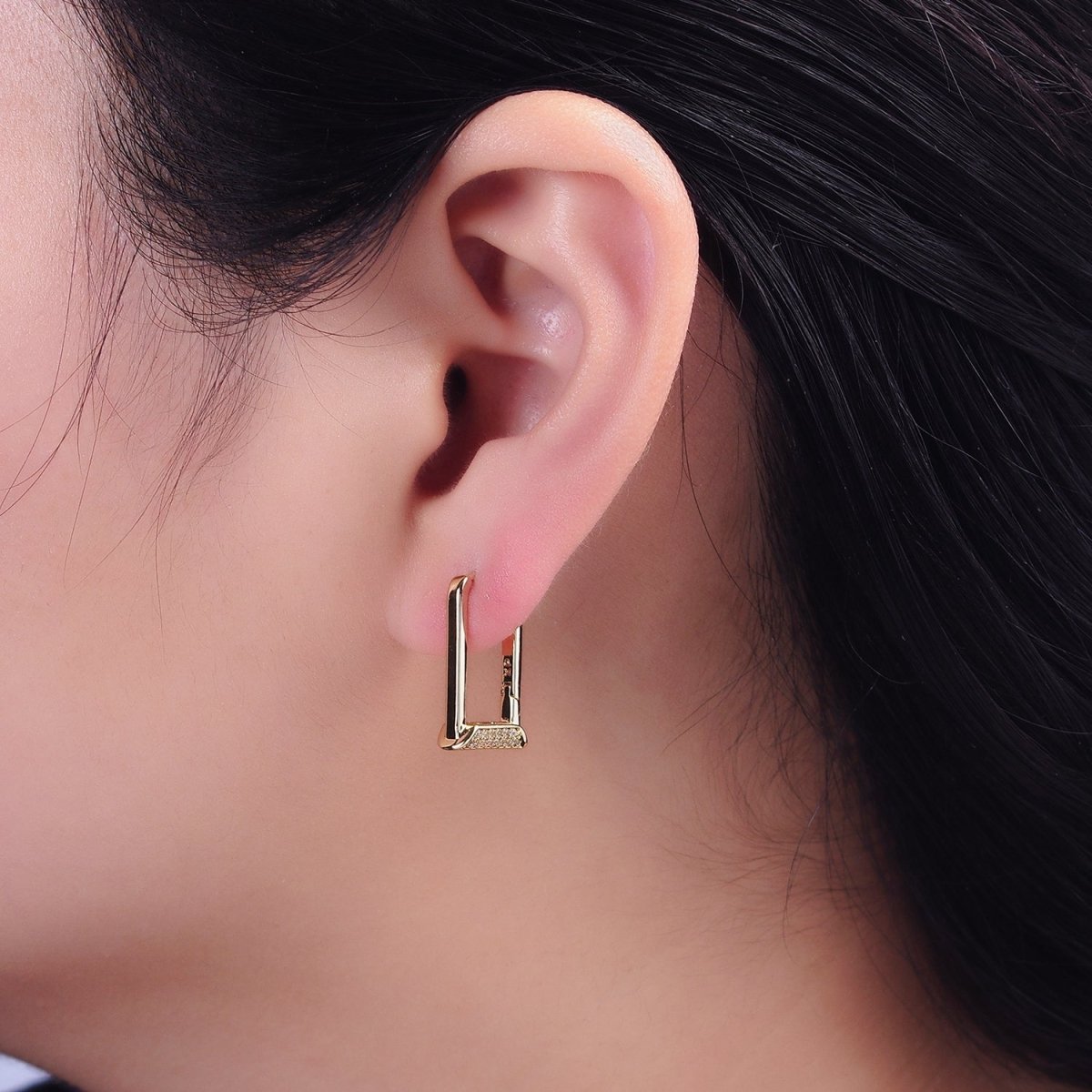 14K Gold plated Micro Paved CZ Curved Tube Rectangular U-Shaped Oblong Hoop Earrings | AE589 - DLUXCA
