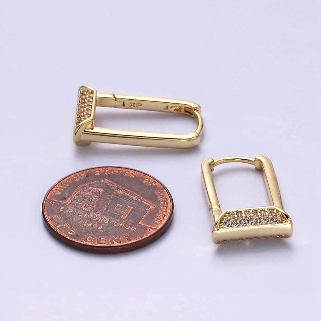 14K Gold plated Micro Paved CZ Curved Tube Rectangular U-Shaped Oblong Hoop Earrings | AE589 - DLUXCA