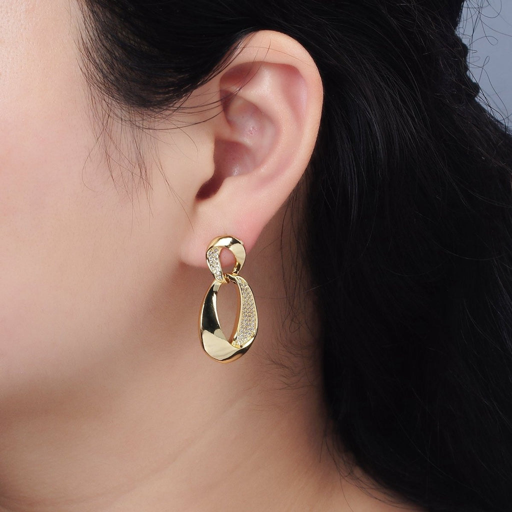 14K Gold plated Micro Paved CZ Double Curved Band Drop Stud Earrings in Gold | AE416