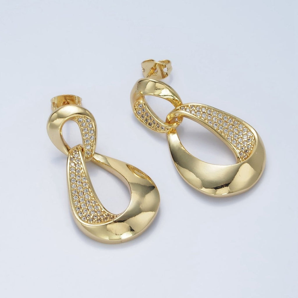 14K Gold plated Micro Paved CZ Double Curved Band Drop Stud Earrings in Gold | AE416