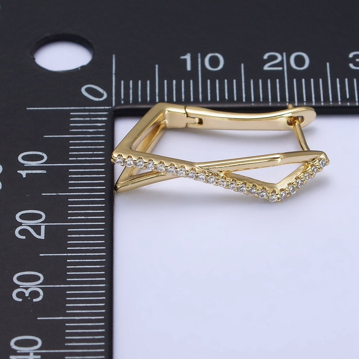 14K Gold plated Micro Paved CZ Double Rectangular Geometric Hinge Hoop | AB238 - DLUXCA