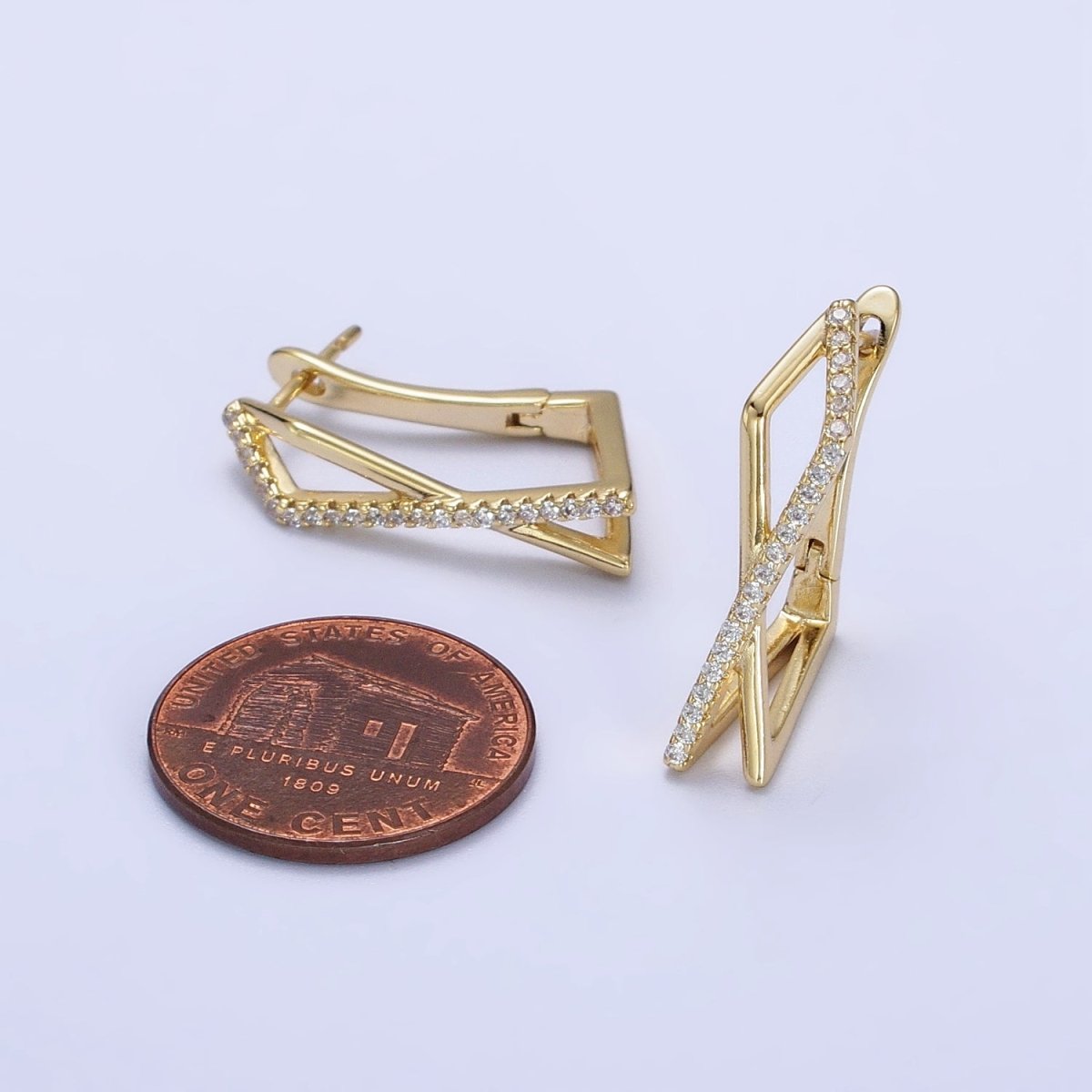14K Gold plated Micro Paved CZ Double Rectangular Geometric Hinge Hoop | AB238 - DLUXCA