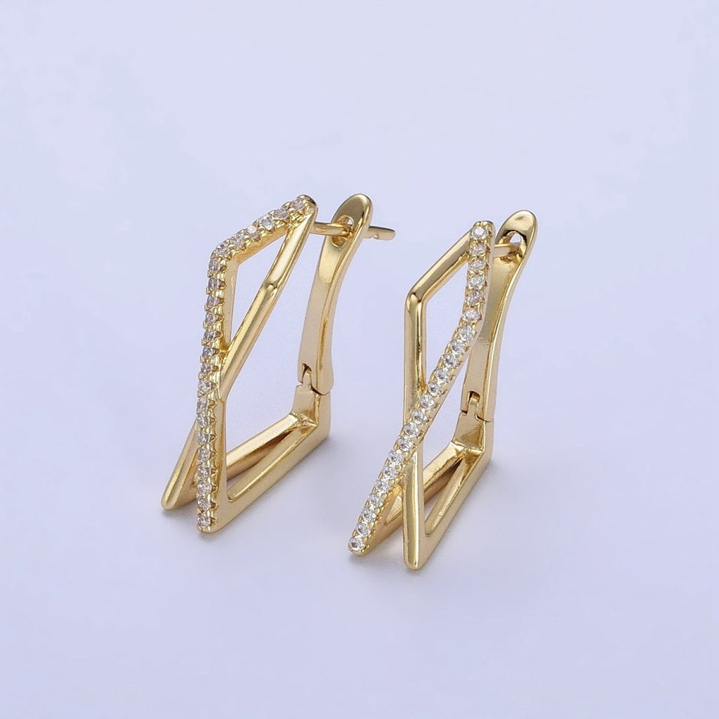 14K Gold plated Micro Paved CZ Double Rectangular Geometric Hinge Hoop | AB238 - DLUXCA