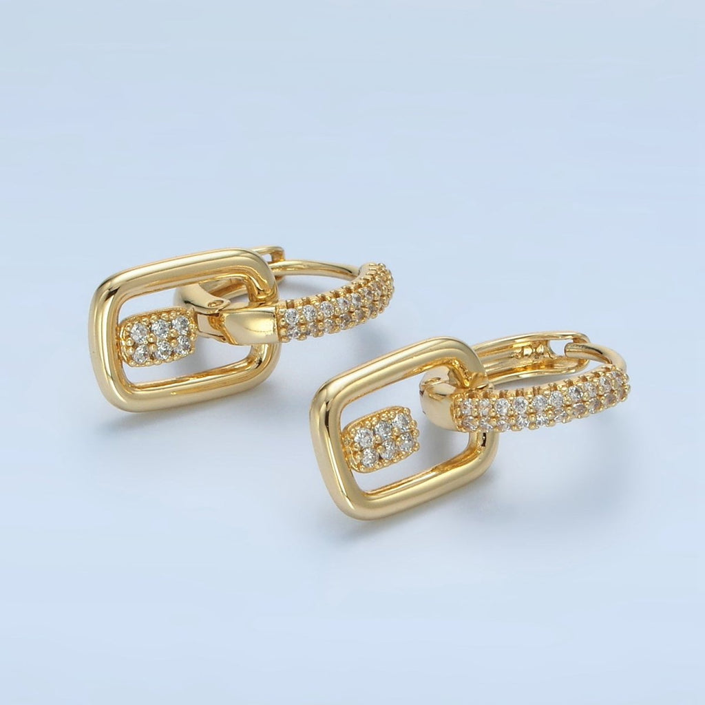 14K Gold plated Micro Paved CZ Geometric Drop Huggie Earrings | AD647 - DLUXCA