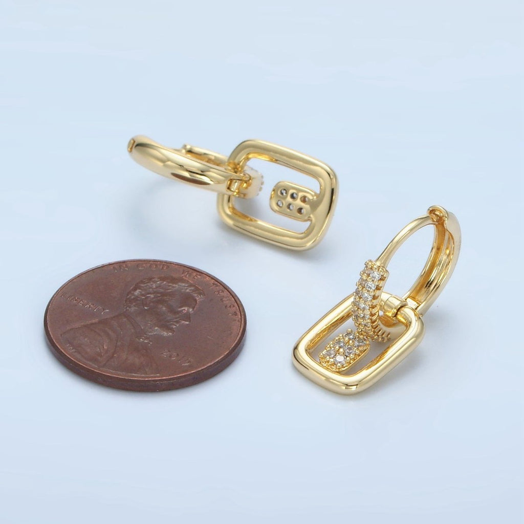 14K Gold plated Micro Paved CZ Geometric Drop Huggie Earrings | AD647 - DLUXCA