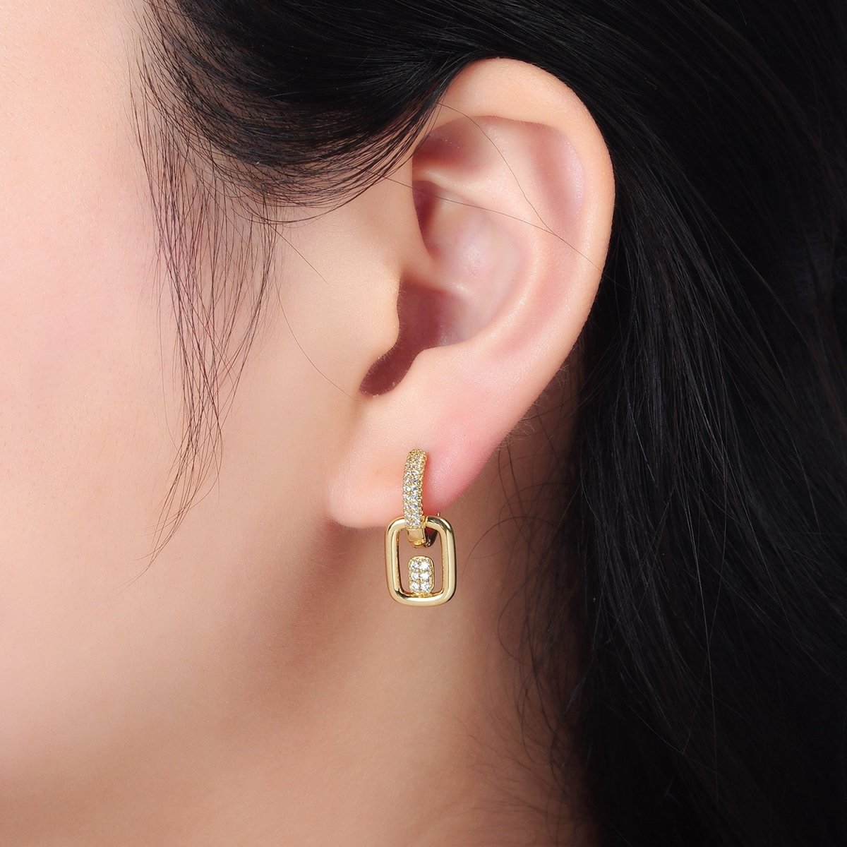 14K Gold plated Micro Paved CZ Geometric Drop Huggie Earrings | AD647 - DLUXCA
