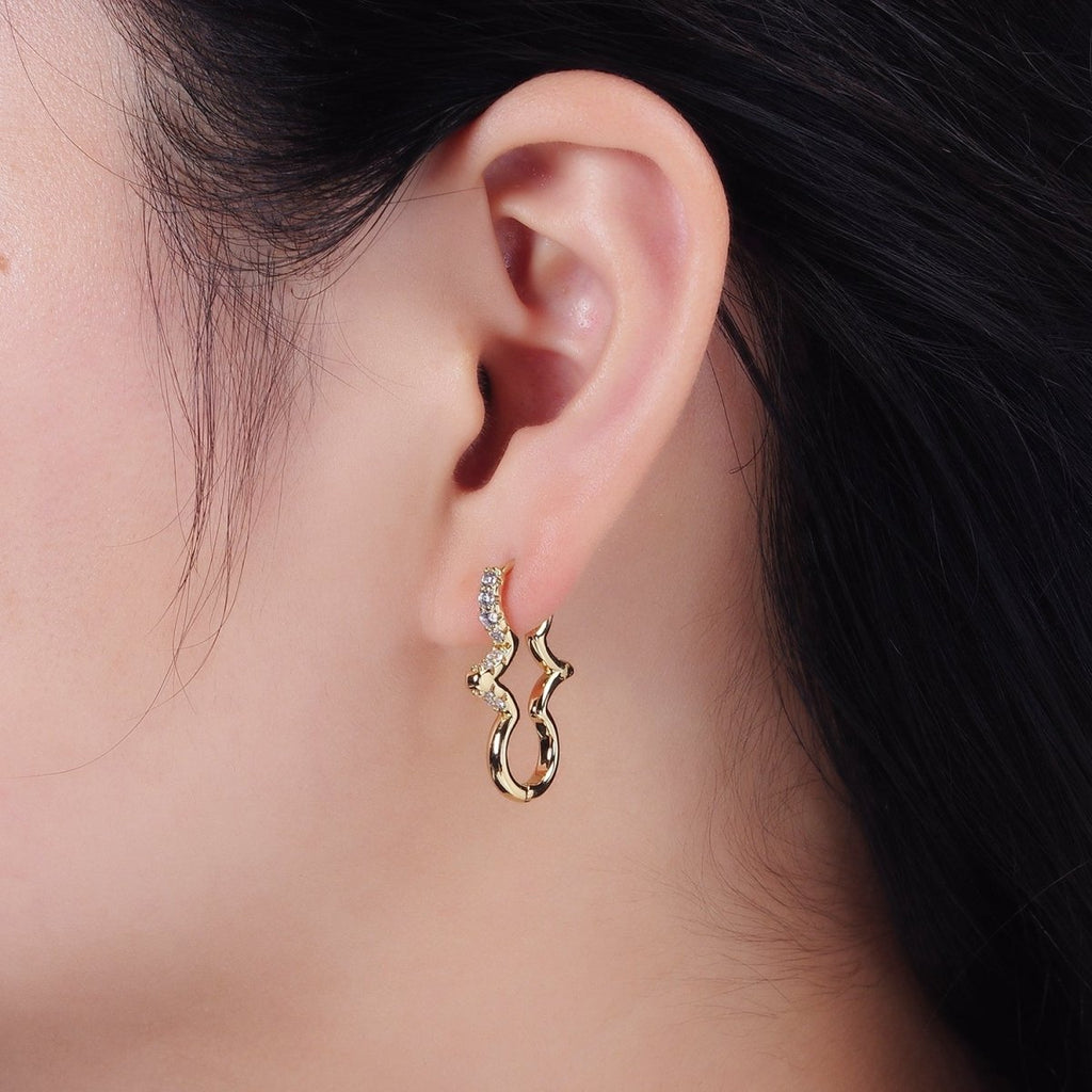 14K Gold plated Micro Paved CZ Geometric Edged Drop Huggie Earrings | AE930 - DLUXCA