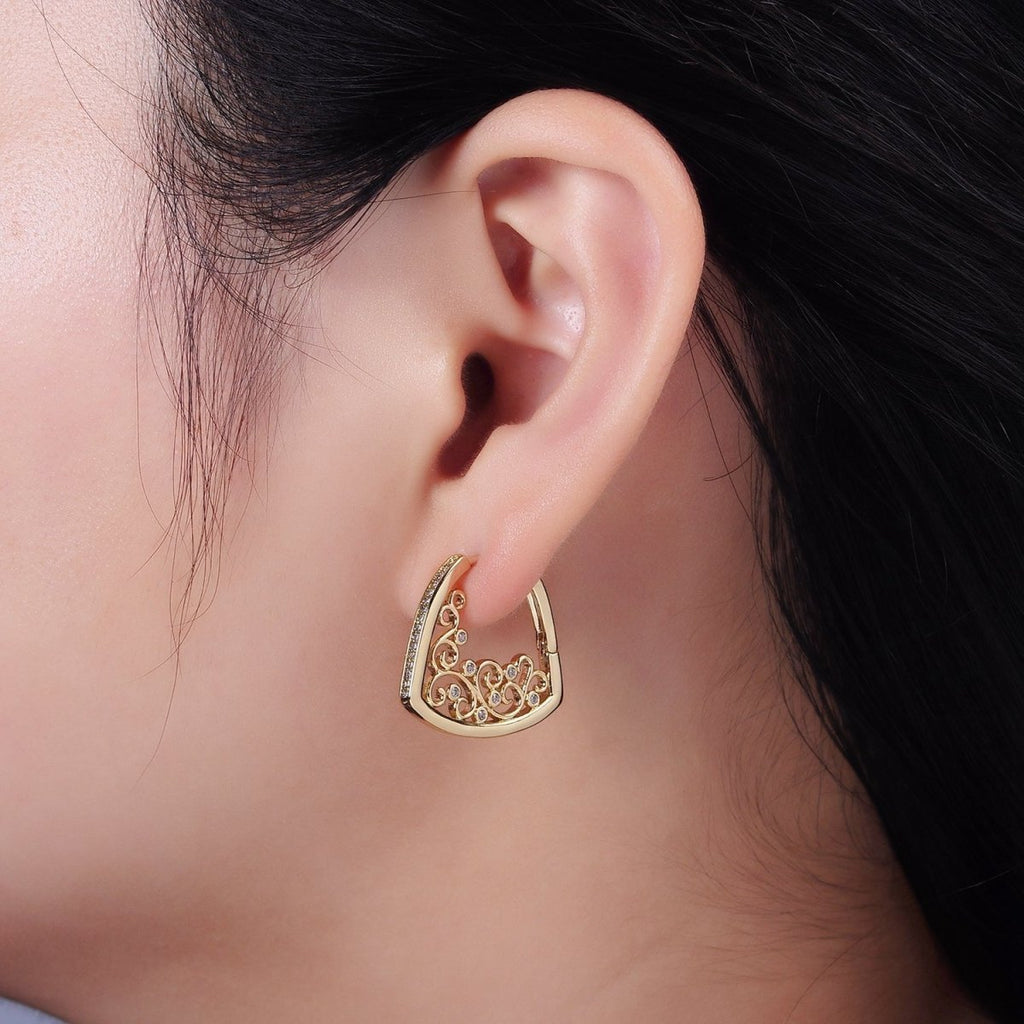14K Gold plated Micro Paved CZ Geometric Filigree Hoop Earrings | AE933 - DLUXCA