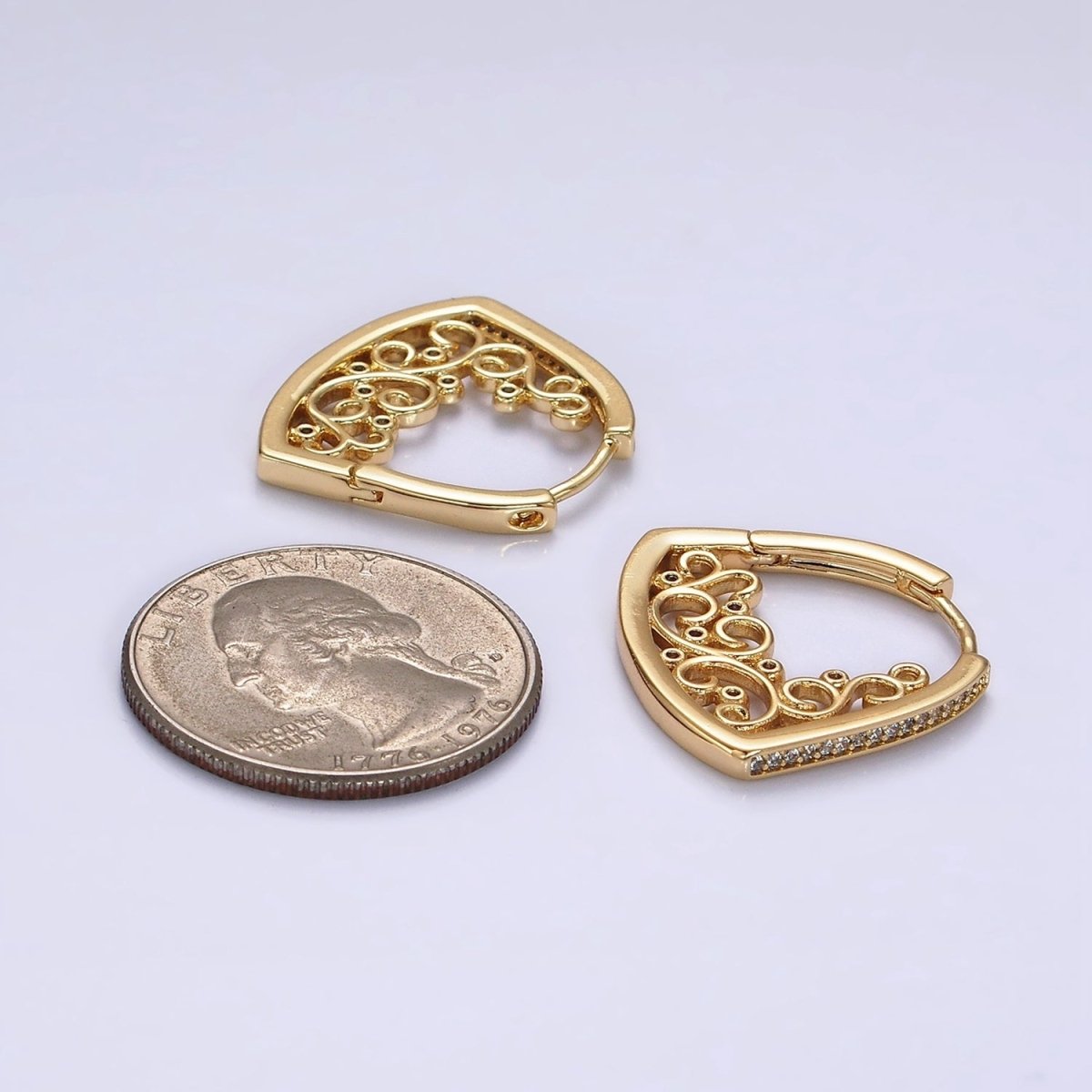 14K Gold plated Micro Paved CZ Geometric Filigree Hoop Earrings | AE933 - DLUXCA