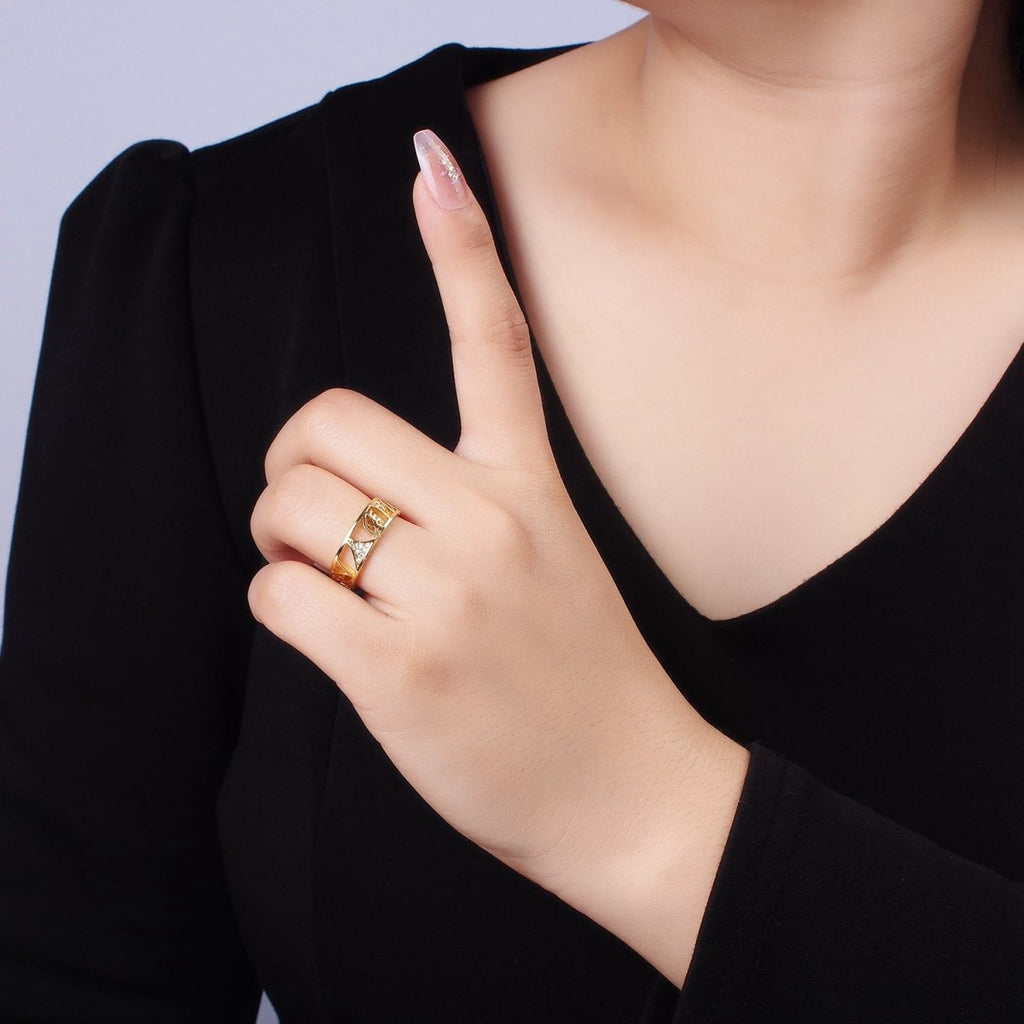 14K Gold plated Micro Paved CZ Geometric Filigree Ring | O1351 - DLUXCA