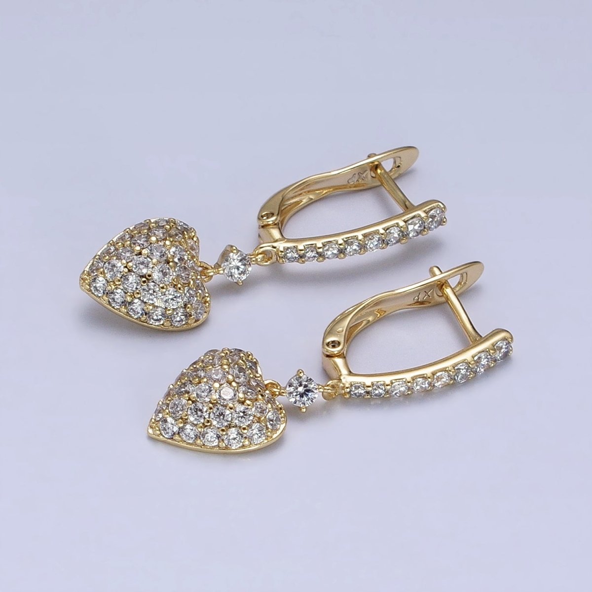 14K Gold plated Micro Paved CZ Heart Drop English Lock Earrings | AD1440 - DLUXCA