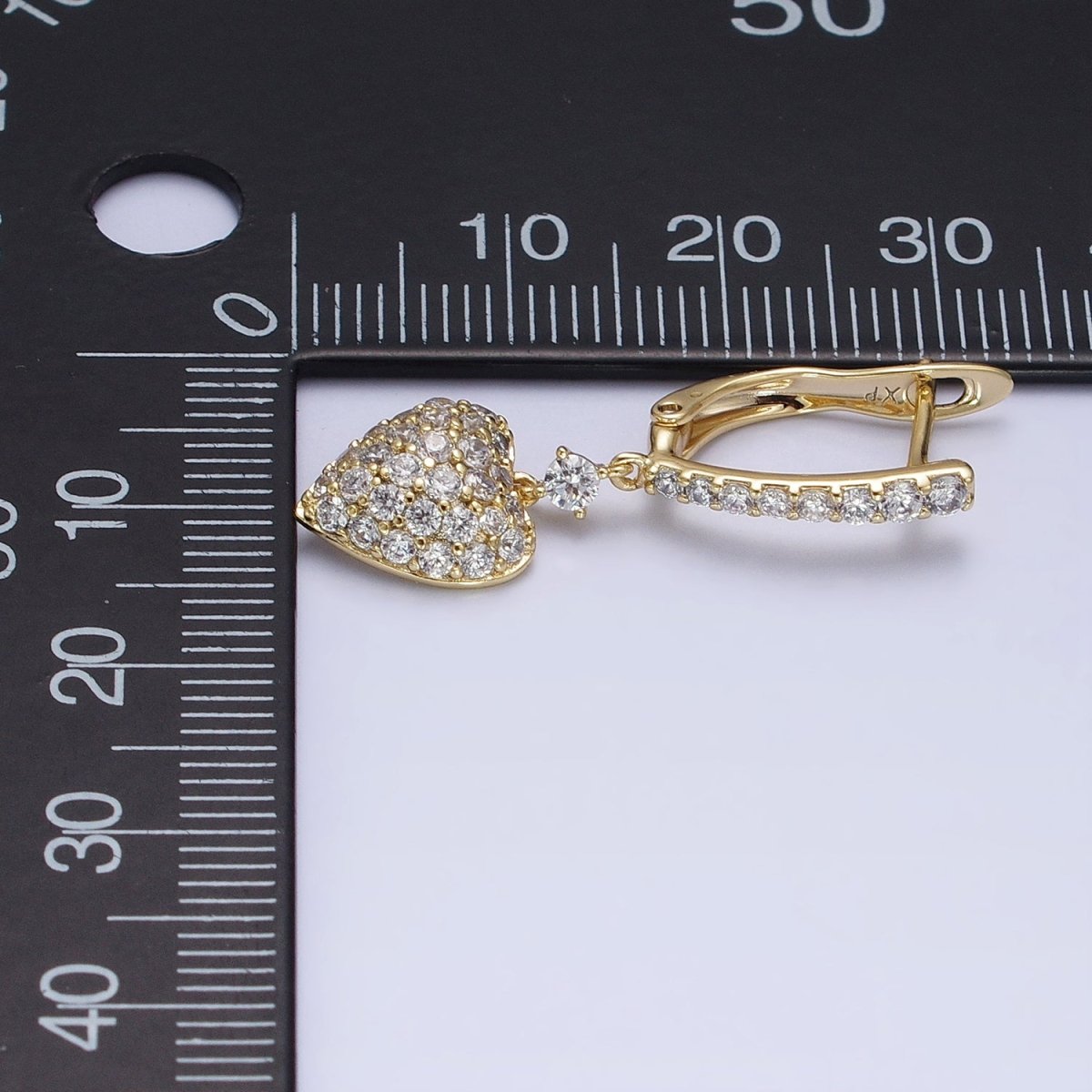 14K Gold plated Micro Paved CZ Heart Drop English Lock Earrings | AD1440 - DLUXCA