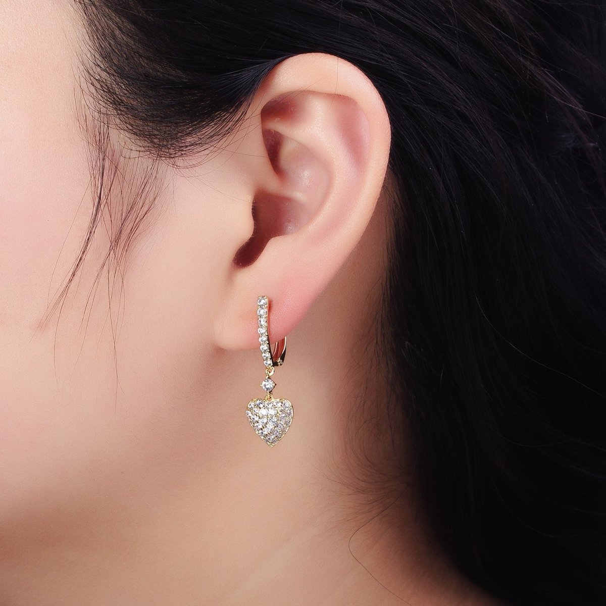 14K Gold plated Micro Paved CZ Heart Drop English Lock Earrings | AD1440 - DLUXCA