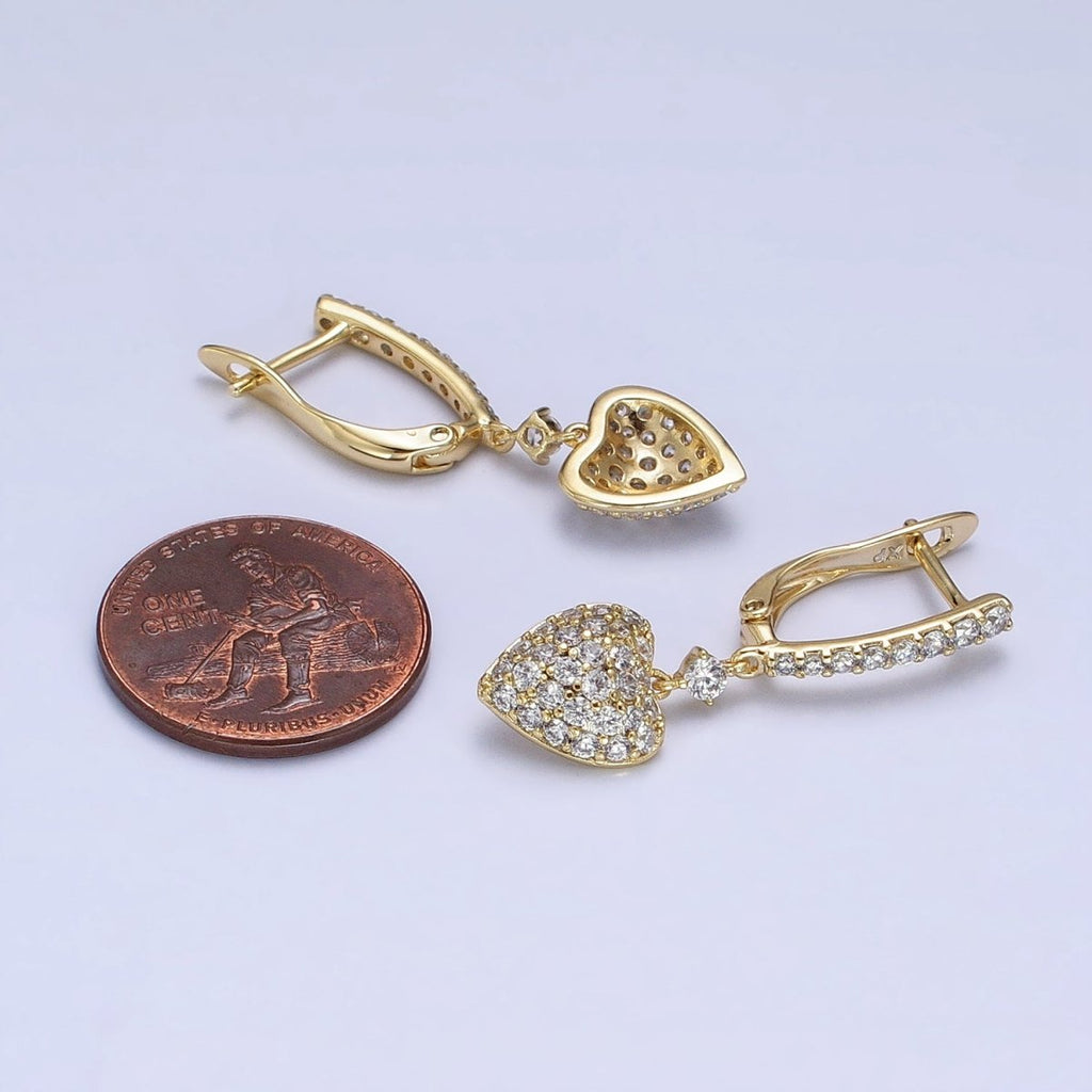 14K Gold plated Micro Paved CZ Heart Drop English Lock Earrings | AD1440 - DLUXCA