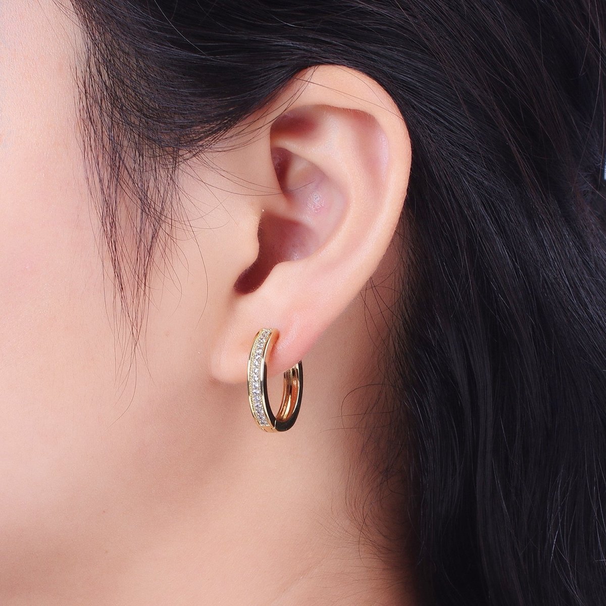 14K Gold plated Micro Paved CZ Lined 20mm Huggie Hoop Earrings | V-027 - DLUXCA