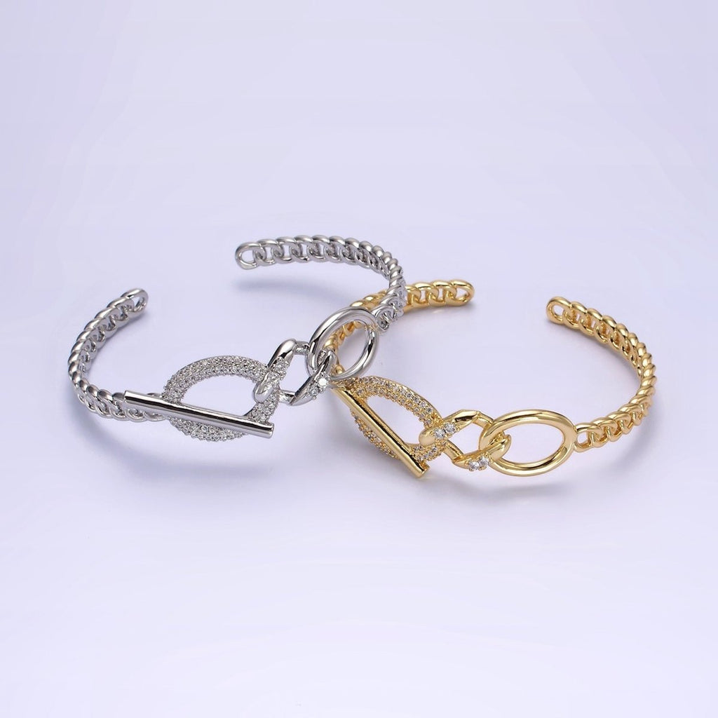 14K Gold plated Micro Paved CZ Oval Bar Curb Cuff Bangle Bracelet in Gold & Silver | WA-1972 WA-1973 Clearance Pricing
