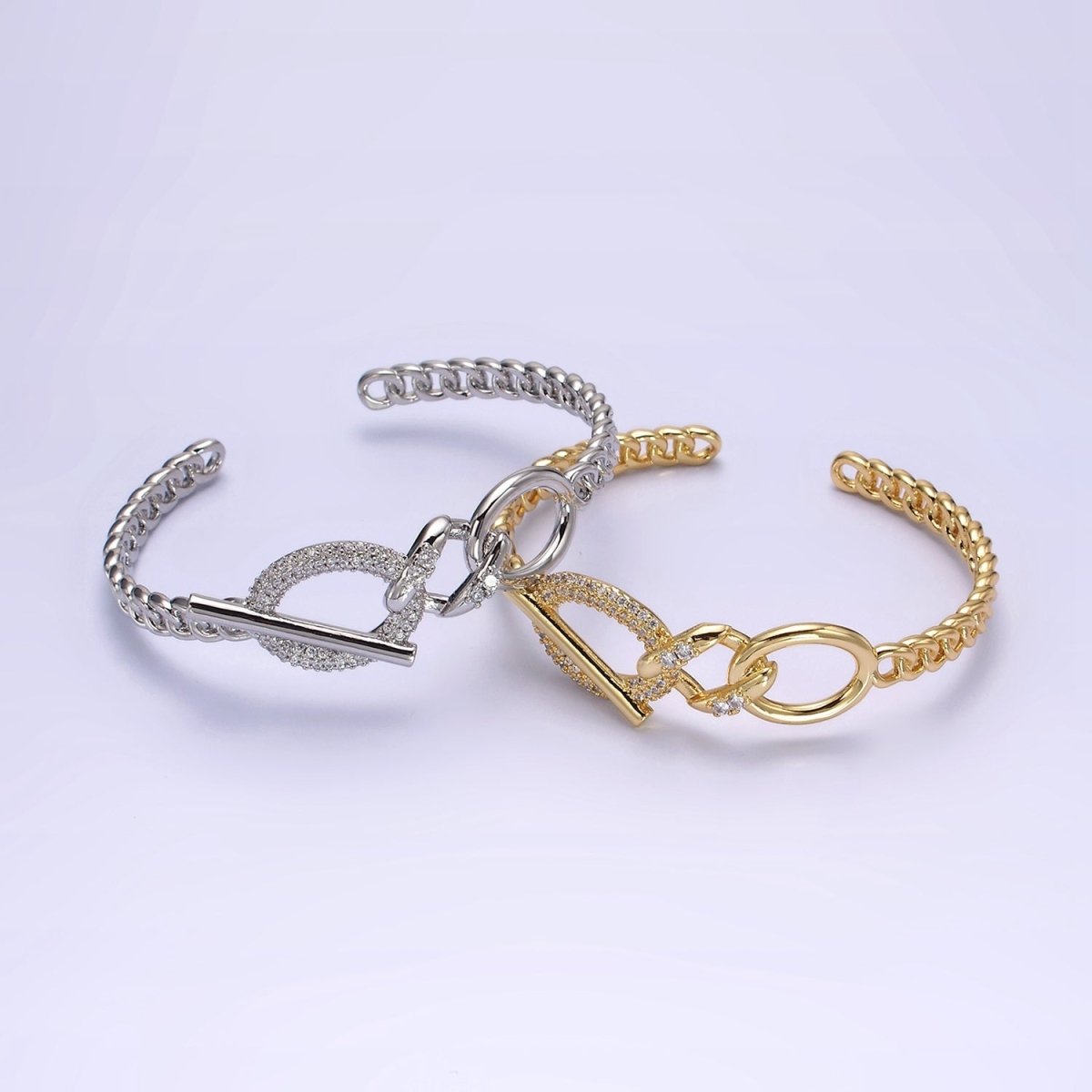 14K Gold plated Micro Paved CZ Oval Bar Curb Cuff Bangle Bracelet in Gold & Silver | WA-1972 WA-1973 Clearance Pricing