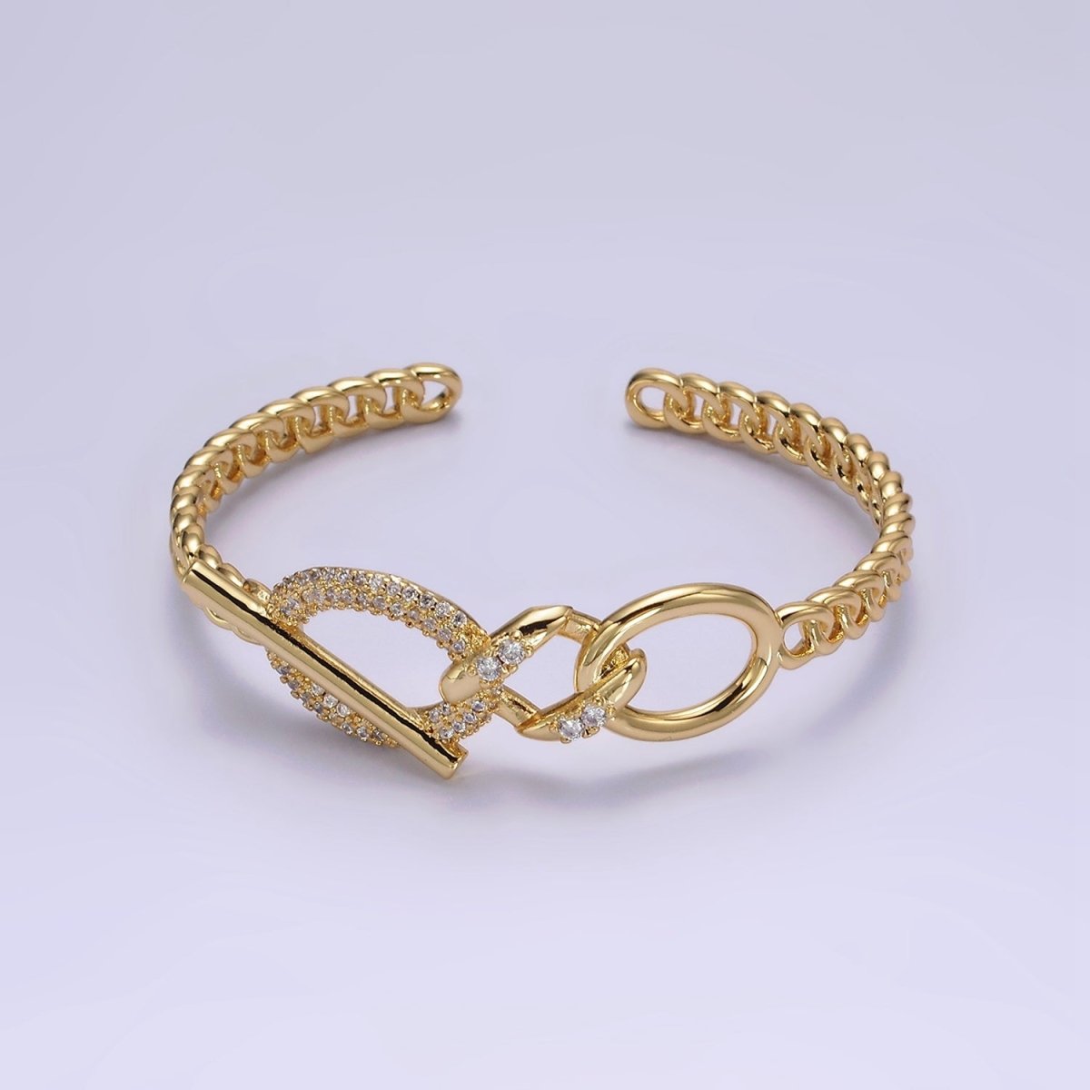 14K Gold plated Micro Paved CZ Oval Bar Curb Cuff Bangle Bracelet in Gold & Silver | WA-1972 WA-1973 Clearance Pricing