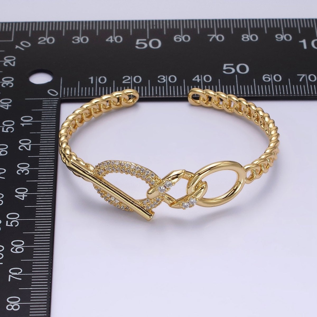 14K Gold plated Micro Paved CZ Oval Bar Curb Cuff Bangle Bracelet in Gold & Silver | WA-1972 WA-1973 Clearance Pricing