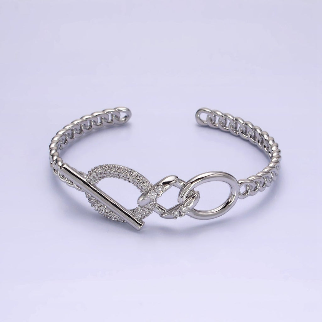 14K Gold plated Micro Paved CZ Oval Bar Curb Cuff Bangle Bracelet in Gold & Silver | WA-1972 WA-1973 Clearance Pricing