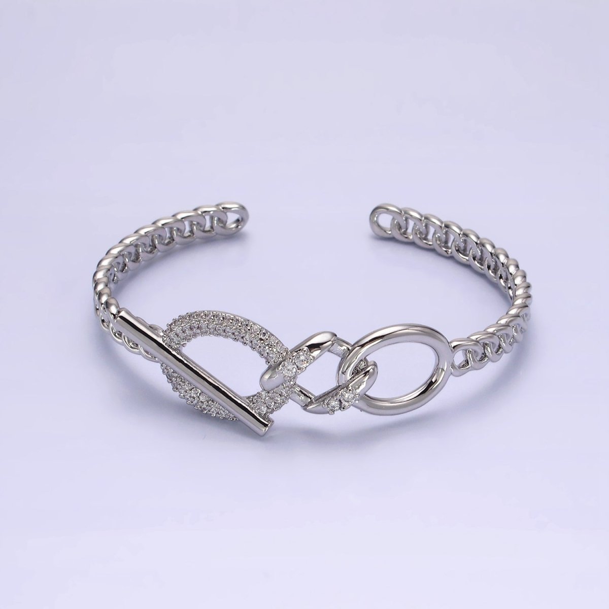 14K Gold plated Micro Paved CZ Oval Bar Curb Cuff Bangle Bracelet in Gold & Silver | WA-1972 WA-1973 Clearance Pricing