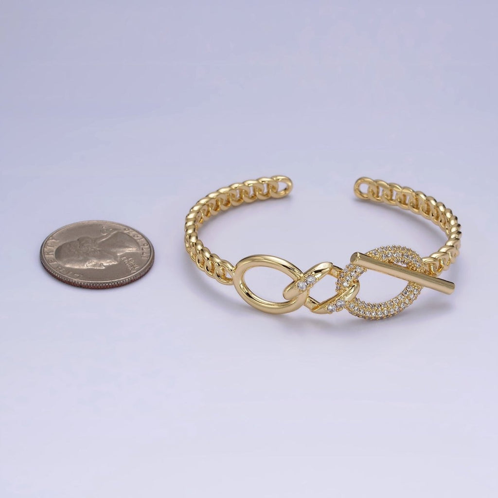 14K Gold plated Micro Paved CZ Oval Bar Curb Cuff Bangle Bracelet in Gold & Silver | WA-1972 WA-1973 Clearance Pricing
