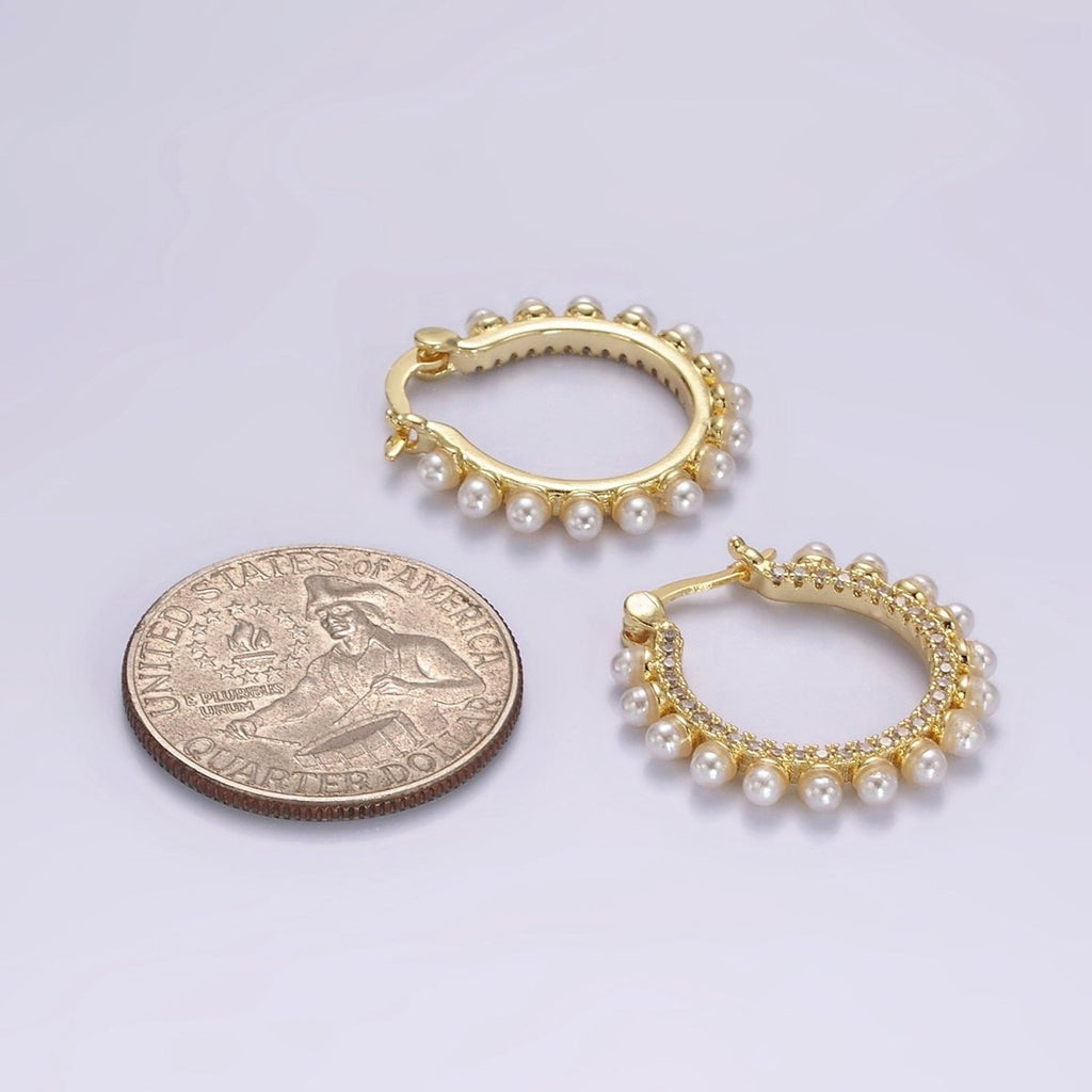 14K Gold plated Micro Paved CZ Pearl Dotted Latch Hoop Earrings in Gold & Silver | AE993 AE994