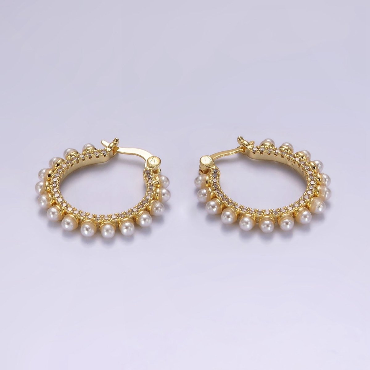 14K Gold plated Micro Paved CZ Pearl Dotted Latch Hoop Earrings in Gold & Silver | AE993 AE994