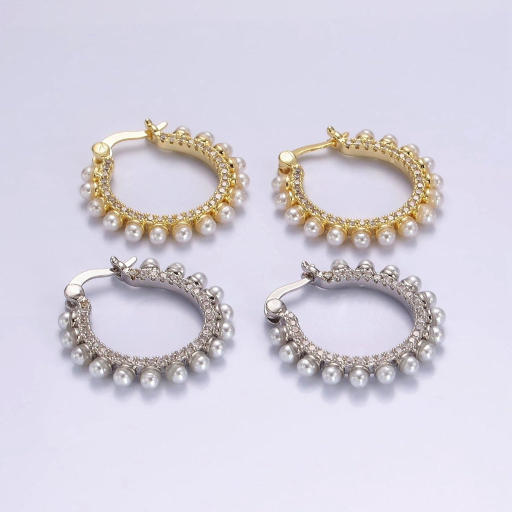 14K Gold plated Micro Paved CZ Pearl Dotted Latch Hoop Earrings in Gold & Silver | AE993 AE994