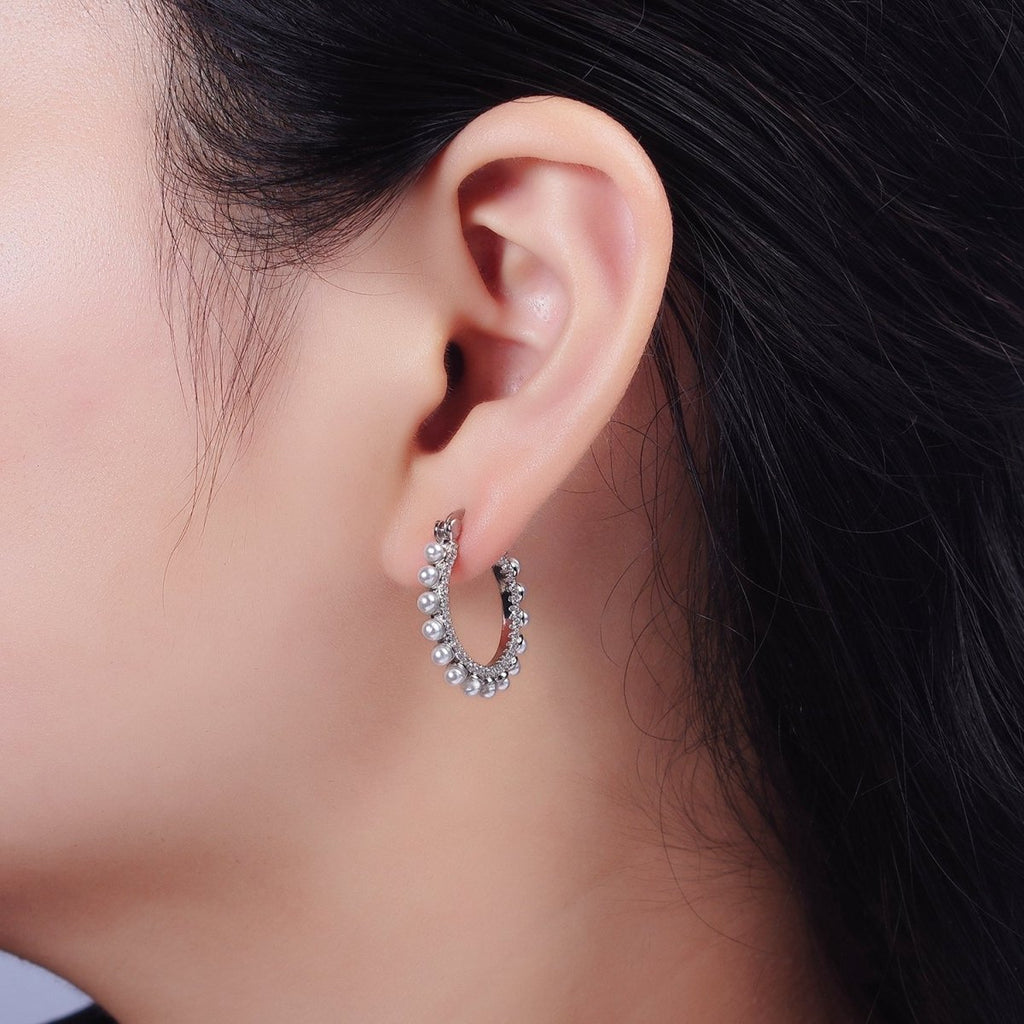 14K Gold plated Micro Paved CZ Pearl Dotted Latch Hoop Earrings in Gold & Silver | AE993 AE994